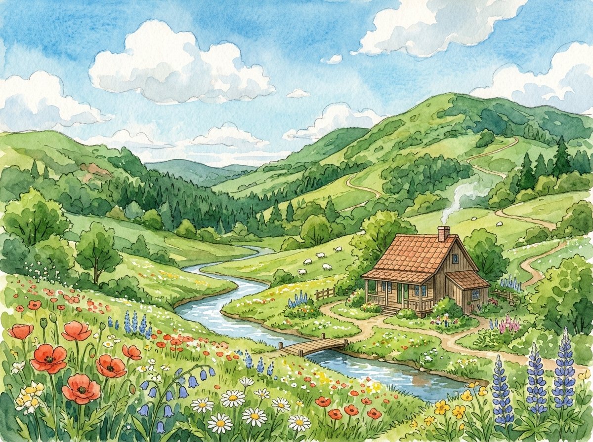 Vibrant Watercolor Studio Ghibli Landscape