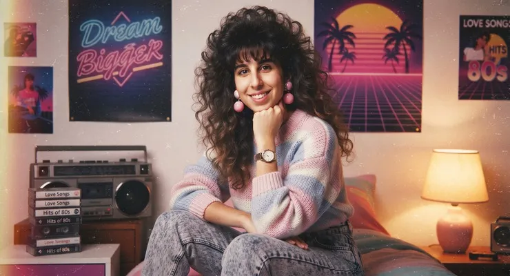 Nostalgic 1980s Vintage Portrait of a Young Woman in a Pastel Knit Sweater